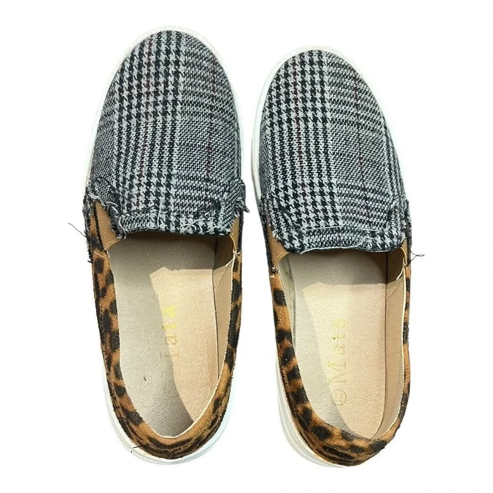 Mata Slip On Sneakers Womens 7.5 Plaid Leopard Print Mixed Media Low Top‎ Shoes